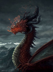 Rule 34 | cloud, dragon, fire, fire, grey sky, horns, luffie, mountain, no humans, nunoedamichi, outdoors, red eyes, scales, signature, sky, solo, warhammer fantasy, wings
