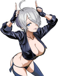 Rule 34 | 1girl, ahoge, angel (kof), blue eyes, boots, breasts, chaps, cleavage, cropped jacket, fingerless gloves, gloves, hair over one eye, highres, jacket, large breasts, leather, leather jacket, looking at viewer, midriff, nakahara kaihei, open mouth, panties, short hair, solo, the king of fighters, underwear, white hair