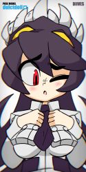Rule 34 | 1girl, animated, animated gif, blush, bouncing breasts, breasts, chromatic aberration, diives, filia (skullgirls), hands on own chest, highres, necktie, one eye closed, open mouth, red eyes, samson (skullgirls), school uniform, skullgirls, slit pupils, solo, upper body