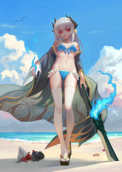 Rule 34 | 1girl, absurdres, animal, artist name, bare shoulders, beach, bikini, bird, blue bikini, blue fire, breasts, camera, cloud, cloudy sky, commentary request, crab, crustacean, day, dragon girl, dragon horns, fate/grand order, fate (series), fire, hermit crab, highres, holding, holding polearm, holding spear, holding weapon, horns, kiyohime (fate), kiyohime (fate/grand order), kiyohime (swimsuit lancer) (fate), kiyohime (swimsuit lancer) (third ascension) (fate), looking at viewer, looking down, monster girl, multiple horns, navel, obi, ocean, orm (user mufz8783), polearm, red eyes, sash, silver hair, sky, small breasts, smile, solo, spear, starfish, swimsuit, thigh gap, weapon, white legwear