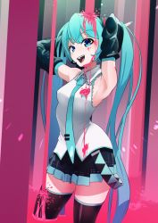 Rule 34 | 1girl, :d, absurdres, armpits, arms up, bare shoulders, black skirt, black sleeves, black thighhighs, blue eyes, blue hair, blue nails, blue necktie, collared shirt, cropped legs, detached sleeves, hatsune miku, headset, highres, kinosuke (pattaba), long sleeves, looking at viewer, nail polish, necktie, open mouth, pleated skirt, shirt, skirt, sleeveless, sleeveless shirt, smile, solo, thighhighs, tie clip, twintails, vocaloid, white shirt