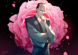 Rule 34 | 1boy, artist name, bald spot, black hair, cowboy shot, fate/grand order, fate (series), finger to own chin, flower, grey eyes, head tilt, highres, looking at viewer, male focus, matsudaira nobutsuna (fate), petals, pink flower, redrop, solo, tagme, wide sleeves