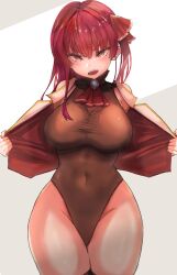 Rule 34 | 1girl, absurdres, ascot, black choker, blush, breasts, choker, covered navel, cropped jacket, frilled choker, frills, hair ribbon, heterochromia, highres, hololive, houshou marine, houshou marine (1st costume), jacket, large breasts, leotard, long hair, looking at viewer, open clothes, open jacket, open mouth, raizero, red ascot, red eyes, red ribbon, ribbon, sleeveless, sleeveless jacket, twintails, virtual youtuber, yellow eyes