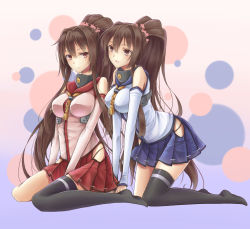 Rule 34 | 10s, 2girls, alternate color, asymmetrical legwear, bare shoulders, between legs, blue skirt, blush, brown eyes, brown hair, detached sleeves, dual persona, flower, hair flower, hair ornament, hand between legs, highres, hip vent, kantai collection, kirieroido iii, kneeling, long hair, looking at another, multiple girls, no shoes, pleated skirt, ponytail, red skirt, sailor collar, side slit, single thighhigh, sitting, skirt, smile, thighhighs, uneven legwear, very long hair, wariza, yamato (kancolle)