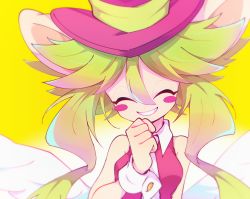 Rule 34 | 1girl, animal ears, blush stickers, breasts, closed eyes, green hair, hat, laughing, leotard, mad rat dead, mouse ears, mouse tail, nippon ichi, mouse girl, rat god, tail, top hat, wings, wrist cuffs
