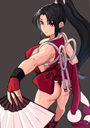 Rule 34 | 1girl, absurdres, arm up, ass, bare legs, black hair, fatal fury, fingerless gloves, folding fan, from above, from side, gloves, hand fan, highres, japanese clothes, kagematsuri, leotard, ninja, no bra, no panties, parted bangs, ponytail, red eyes, red leotard, revealing clothes, ribbon, rope, shimenawa, shiranui mai, sleeveless, solo, the king of fighters, wedgie, wrist guards