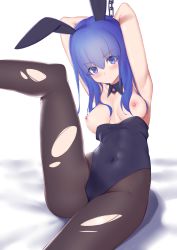 Rule 34 | 1girl, animal ears, armpits, arms behind head, arms up, bad id, bad pixiv id, bare shoulders, black leotard, black pantyhose, blue eyes, blue hair, blush, breasts, breasts out, chain, covered navel, detached collar, fake animal ears, highleg, highleg leotard, highres, jilu, leotard, long hair, looking at viewer, medium breasts, nipples, original, pantyhose, playboy bunny, rabbit ears, restrained, solo, strapless, strapless leotard, thighs, torn clothes, white background