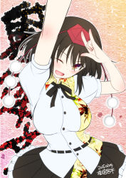 Rule 34 | 1girl, \n/, arm up, bad id, bad pixiv id, black hair, black skirt, blouse, breasts, colorized, hat, large breasts, leaf print, looking at viewer, miniskirt, one eye closed, out of frame, puffy short sleeves, puffy sleeves, red eyes, shameimaru aya, shigemiya kyouhei, shirt, short hair, short sleeves, skirt, solo, tokin hat, touhou, white shirt