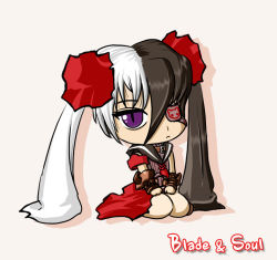 Rule 34 | 10s, 1girl, blade &amp; soul, chibi, dress, eyepatch, female focus, flat chest, gauntlets, kneeling, multicolored hair, pohwaran, purple eyes, solo, text focus, twintails, two-tone hair