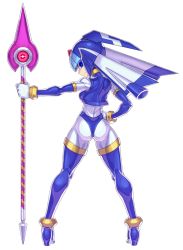 Rule 34 | 1girl, android, ass, blue eyes, bodysuit, boots, breasts, from behind, full body, gloves, hand on own hip, helmet, high heel boots, high heels, holding, holding weapon, kuroino (0kuro8ino6), legs apart, fairy leviathan (mega man), looking at viewer, looking back, medium breasts, polearm, mega man (series), mega man zero (series), simple background, smile, solo, spear, standing, thigh boots, thighhighs, weapon, white background, white gloves