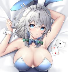 Rule 34 | absurdres, animal ears, blue eyes, bow, bowtie, braid, breasts, card, cleavage, detached collar, grey hair, highres, izayoi sakuya, large breasts, leotard, looking at viewer, lying, playboy bunny, playing card, rabbit ears, short hair, touhou, upper body, wrist cuffs