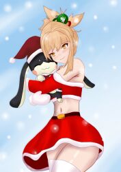 1girl genshin_impact honkai:_star_rail honkai_(series) merry_christmas pom-pom_(honkai:_star_rail) yellow_eyes yoimiya_(genshin_impact)