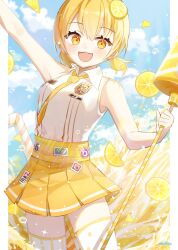 Rule 34 | 1girl, :3, badge, bare arms, blonde hair, blue sky, blush, cloud, collared shirt, don quixote (project moon), drinking straw, food, fruit, highres, holding, holding polearm, holding weapon, lance, lemon, lemon slice, lemonade, limbus company, love mintchoco, medium hair, necktie, open mouth, pleated skirt, polearm, project moon, shirt, short twintails, skirt, sky, sleeveless, sleeveless shirt, smile, solo, thighhighs, twintails, weapon, white shirt, white thighhighs, yellow eyes, yellow necktie, yellow skirt