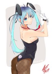 Rule 34 | 1girl, animal ears, armpit crease, artist name, ass, bad id, bad pixiv id, breasts, dated, fake animal ears, fishnets, fripside, from side, gloves, hair ribbon, hatsune miku, leotard, looking at viewer, medium breasts, necktie, no bra, pantyhose, playboy bunny, rabbit ears, rabbit girl, rabbit tail, ribbon, sideboob, simple background, sleepy frippy, solo, tail, twintails, vocaloid, white gloves