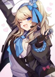 Rule 34 | 1girl, :d, arm up, ascot, bag, bandage on face, bandages, black gloves, blonde hair, blue ascot, blue bow, blue eyes, bow, coat, commentary request, fingerless gloves, girls&#039; frontline, girls&#039; frontline 2: exilium, gloves, hair bow, headset, heart, highres, holding, holding microphone, kinsenka momi, long hair, microphone, one eye closed, open mouth, shoulder bag, side ponytail, smile, solo, sweater, upper body, v, vepley (girls&#039; frontline 2)