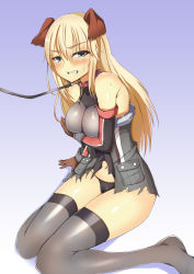 Rule 34 | 10s, 1girl, absurdres, animal collar, animal ears, bare shoulders, bismarck (kancolle), black panties, blonde hair, blue eyes, blush, body blush, breast hold, breasts, clenched teeth, collar, dog ears, elbow gloves, gloves, gogotii, gradient background, grey thighhighs, hat, highres, kantai collection, kemonomimi mode, knees together feet apart, leash, long hair, looking at viewer, military, military uniform, panties, peaked cap, pm tii (matuko1024), sitting, solo, sweat, teeth, thighhighs, torn clothes, underwear, uniform