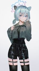 Rule 34 | 1girl, animal ears, black shirt, black shorts, black thighhighs, blue archive, blue halo, breasts, closed mouth, collarbone, cowboy shot, flippy (cripine111), gradient background, green hair, grey jacket, hair between eyes, halo, highres, jacket, long sleeves, looking at viewer, medium breasts, open clothes, open jacket, purple eyes, shigure (blue archive), shirt, short twintails, shorts, solo, thighhighs, twintails, weasel ears