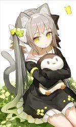 Rule 34 | 1girl, animal, animal ears, black bow, black dress, bow, bug, butterfly, cat ears, cat girl, cat tail, commentary request, dress, flower, frilled dress, frills, green flower, grey hair, hair bow, hair flower, hair ornament, insect, long hair, looking at viewer, hugging object, original, rk (rktorinegi), sailor collar, sailor dress, solo, stuffed animal, stuffed penguin, stuffed toy, tail, tail raised, twintails, very long hair, white bow, white sailor collar, yellow eyes, yellow flower