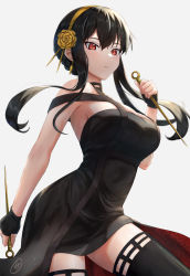 Rule 34 | 1girl, amano kusatsu, artist logo, black dress, black gloves, black thighhighs, breasts, closed mouth, contrapposto, cowboy shot, dagger, dress, dual wielding, earrings, expressionless, fingerless gloves, floral print, flower, gloves, gold, gold earrings, gold hairband, hair flower, hair ornament, hairband, hand up, highres, holding, holding dagger, holding knife, holding weapon, jewelry, knife, large breasts, long hair, red eyes, rose, rose print, short hair with long locks, sidelocks, simple background, sleeveless, sleeveless dress, solo, spikes, spy x family, thighhighs, two-sided dress, two-sided fabric, weapon, yor briar, zettai ryouiki