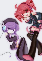 Rule 34 | 2girls, absurdres, beret, boots, cable, closed mouth, collared shirt, detached sleeves, drill hair, hat, headphones, highres, kasane teto, multiple girls, necktie, number tattoo, open mouth, pink eyes, pink hair, pleated skirt, purple eyes, purple hair, shirt, short hair, skirt, smile, tattoo, thigh boots, twin drills, twintails, user ukrk4575, utane uta, utau