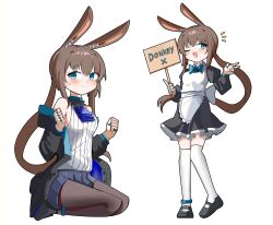 Rule 34 | 1girl, ;d, absurdres, alternate costume, amiya (arknights), animal ear fluff, animal ears, apron, arknights, black dress, black footwear, black jacket, blue bow, blue eyes, blue skirt, blush, bow, breasts, brown hair, clenched hands, collared dress, dress, english text, enmaided, hair between eyes, hands up, highres, holding, holding sign, hood, hood down, hooded jacket, jacket, jewelry, long sleeves, low ponytail, maid, maid apron, multiple views, off shoulder, one eye closed, open clothes, open jacket, open mouth, over-kneehighs, pleated dress, pleated skirt, ponytail, puffy long sleeves, puffy sleeves, rabbit ears, ring, shirt, shoes, sign, simple background, skirt, sleeveless, sleeveless shirt, small breasts, smile, spam (spamham4506), standing, standing on one leg, thighhighs, v, white apron, white background, white shirt, white thighhighs