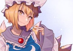 Rule 34 | 1girl, :3, blonde hair, commentary request, dress, fox tail, frills, hat, head tilt, long sleeves, looking at viewer, multiple tails, solo, tabard, tail, toluda, touhou, upper body, v, white dress, wide sleeves, yakumo ran, yellow eyes