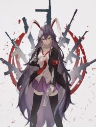 Rule 34 | 1girl, absurdres, animal ears, black thighhighs, closed mouth, crescent, crescent pin, gun, hair between eyes, highres, holding, holding gun, holding weapon, jacket, long hair, long sleeves, looking at viewer, loose necktie, naufaldreamer, necktie, pink skirt, pleated skirt, purple eyes, purple hair, rabbit ears, red necktie, reisen udongein inaba, shirt, skirt, smile, solo, standing, suit jacket, tagme, thighhighs, touhou, v-shaped eyebrows, weapon, white shirt