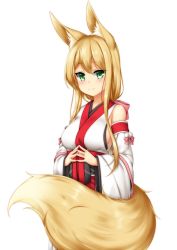 Rule 34 | 1girl, animal ear fluff, animal ears, bare shoulders, blonde hair, blush, bow, closed mouth, commentary request, detached sleeves, fluffy, fox ears, fox girl, fox tail, green eyes, hair between eyes, hair bow, highres, himeka chiyako, japanese clothes, kimono, long hair, long sleeves, minaha (playjoe2005), obi, original, pink bow, sash, simple background, sleeveless, sleeveless kimono, smile, solo, steepled fingers, tail, white background, white kimono, white sleeves, wide sleeves