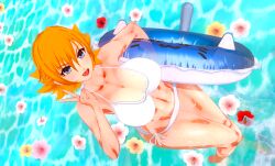 Rule 34 | 1girl, 3d, action taimanin, artist request, ass, bare legs, bare shoulders, barefoot, bikini, blonde hair, breasts, cleavage, curvy, highres, igawa sakura, large breasts, looking at viewer, looking up, navel, open mouth, shiny skin, short hair, side-tie bikini bottom, solo, standing, swimsuit, taimanin (series), taimanin asagi, taimanin rpgx, v, water, wet, white bikini, wide hips