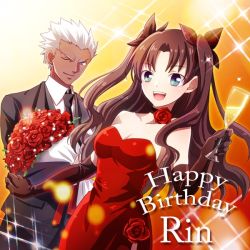 Rule 34 | 1boy, 1girl, alcohol, archer (fate), blue eyes, brown hair, champagne, dark skin, dark-skinned male, dress, elbow gloves, fate/stay night, fate (series), gloves, hair ribbon, happy birthday, jin akhr, red dress, ribbon, strapless, strapless dress, tohsaka rin, two side up, white hair