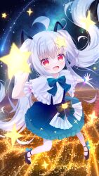 Rule 34 | 1girl, :d, dress, female focus, full body, highres, open mouth, original, red eyes, sky, smile, star (sky), star (symbol), starry sky, thighhighs, twintails, white hair, white thighhighs, yottacc