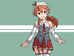 Rule 34 | 1girl, brown eyes, brown hair, commentary, cowboy shot, detached sleeves, english commentary, flat chest, garter straps, headdress, kantai collection, littorio (kancolle), long hair, necktie, one-hour drawing challenge, pleated skirt, ponytail, red necktie, red skirt, shirt, sixten, skirt, sleeveless, sleeveless shirt, solo, thighhighs, two-tone background, wavy hair
