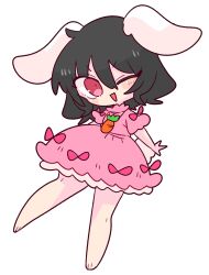 Rule 34 | 1girl, ;d, animal ears, bare legs, barefoot, black hair, bow, carrot necklace, chibi, dress, floppy ears, full body, highres, inaba tewi, jewelry, looking at viewer, necklace, one eye closed, op na yarou, open mouth, pink bow, pink dress, pink eyes, rabbit ears, short hair, short sleeves, simple background, smile, solo, standing, standing on one leg, touhou, v-shaped eyebrows, white background