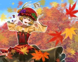 Rule 34 | 1girl, aki minoriko, apron, autumn leaves, black dress, blonde hair, cloud, cloudy sky, dress, food, food-themed hair ornament, frilled apron, frills, fruit, fruit hat ornament, grape hair ornament, grapes, hair ornament, hat, hat leaf, highres, leaf, long sleeves, looking at viewer, maple leaf, mob cap, nature, open mouth, outdoors, puffy long sleeves, puffy sleeves, red apron, red eyes, red hat, robinia f, short hair, sky, smile, solo, touhou
