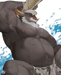 Rule 34 | 1boy, ahab (housamo), animal ears, armpit hair, armpits, bara, beard, belly, chest hair, cow ears, cow horns, facial hair, fat, fat man, feet out of frame, fluffy, furry, furry male, gomtang, grey fur, hat, horns, kepi, large pectorals, male focus, mature male, military hat, minotaur, muscular, muscular male, navel, navel hair, nipples, old, old man, pants, pectorals, penis, penis peek, scar, scar on arm, scar on stomach, short hair, solo, spread legs, stomach, tokyo houkago summoners, torn clothes, torn pants, underwear, underwear only