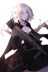 Rule 34 | 1girl, assault rifle, aug (girls&#039; frontline), black dress, breasts, bullpup, cleavage, closed mouth, collarbone, commentary request, cowboy shot, dress, expressionless, floating hair, flower, girls&#039; frontline, gloves, gun, hair between eyes, hair flower, hair ornament, hair ribbon, highres, holding, holding gun, holding weapon, jacket, light particles, long hair, looking at viewer, low ponytail, mole, mole under eye, orange eyes, ponytail, qb 516, ribbon, rifle, sidelocks, simple background, solo, steyr aug, trigger discipline, vertical forward grip, weapon, white background