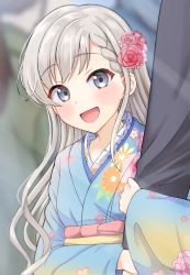 Rule 34 | 1girl, :d, arm hug, blue kimono, blurry, blurry background, blush, braid, braided bangs, commentary request, depth of field, floral print, flower, furisode, grey eyes, grey hair, hair flower, hair ornament, hatsumoude, hisakawa hayate, idolmaster, idolmaster cinderella girls, idolmaster cinderella girls starlight stage, japanese clothes, kimono, long hair, long sleeves, mitsumine raimu, new year, obi, open mouth, peony print, print kimono, red flower, red rose, rose, sash, sleeves past wrists, smile, solo focus, upper body, wide sleeves