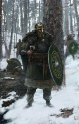 Rule 34 | 4boys, absurdres, agroznov, arrow (projectile), artist logo, axe, commentary, english commentary, forest, hatchet (axe), helmet, highres, holding, holding axe, holding polearm, holding shield, holding weapon, hood, male focus, multiple boys, nature, original, outdoors, polearm, shield, snow, snowing, soldier, spear, tree, warrior, weapon
