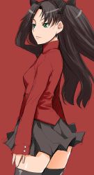 Rule 34 | 1girl, black hair, black thighhighs, fate/stay night, fate (series), green eyes, hair ribbon, red background, ribbon, shinama, skirt, solo, sweater, thighhighs, tohsaka rin, two side up