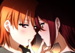 Rule 34 | 2girls, blush, eye contact, finger to another&#039;s mouth, grey sailor collar, hair between eyes, half-closed eyes, highres, kougi hiroshi, looking at another, love live!, love live! sunshine!!, multiple girls, open mouth, orange hair, portrait, profile, red eyes, red hair, sailor collar, sakurauchi riko, short hair, takami chika, yellow eyes, yuri