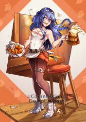 Rule 34 | 1girl, ^^^, alternate costume, bare arms, bare shoulders, beer mug, belt, blue eyes, blue hair, blush, brown belt, brown pantyhose, chicken wing, collarbone, commentary, commission, cup, english commentary, fire emblem, fire emblem awakening, full body, gzei, highres, holding, holding cup, hooters, long hair, lucina (fire emblem), mug, nintendo, open mouth, orange shorts, pantyhose, shadow, shoes, short shorts, shorts, sneakers, solo, standing, stool, tank top, thigh strap, tiara, very long hair, watermark, white footwear, white tank top