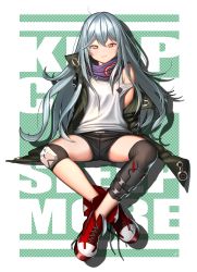 Rule 34 | 1girl, ahd, ahoge, bare shoulders, black shorts, boots, brown eyes, checkered background, closed mouth, g11 (girls&#039; frontline), girls&#039; frontline, green jacket, hair between eyes, head tilt, highres, jacket, long hair, long sleeves, looking at viewer, off shoulder, open clothes, open jacket, red footwear, shirt, short shorts, shorts, silver hair, sitting, sleeveless, sleeveless shirt, sleeves past fingers, sleeves past wrists, solo, very long hair, white shirt