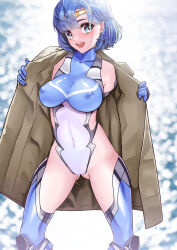 Rule 34 | 1girl, absurdres, arion canvas, bare shoulders, bishoujo senshi sailor moon, blue eyes, blue gemstone, blue hair, bodysuit, breasts, brooch, coat, covered erect nipples, covered navel, earrings, elbow gloves, gem, gloves, gluteal fold, highres, impossible clothes, jewelry, large breasts, leotard, lips, mizuno ami, open clothes, open coat, open mouth, public indecency, sailor mercury, short hair, skin tight, smile, solo, stud earrings, swept bangs, taimanin (series), taimanin suit, thighhighs