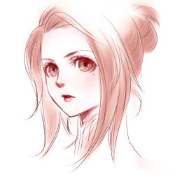 Rule 34 | 1girl, blush, expressionless, hair bun, hataka nohito, irina sykes, looking at viewer, lowres, mole, mole under eye, monochrome, parted lips, portrait, single hair bun, sketch, solo, the last remnant, upper body