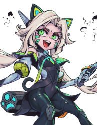 Rule 34 | 1girl, :d, animal ears, bare shoulders, battle cat jinx, black bodysuit, blonde hair, bodysuit, breasts, cat ears, detached sleeves, facial mark, fake animal ears, feet out of frame, green eyes, grey background, gun, holding, holding gun, holding weapon, jinx (league of legends), league of legends, long hair, official alternate costume, open mouth, phantom ix row, simple background, small breasts, smile, solo, twintails, weapon
