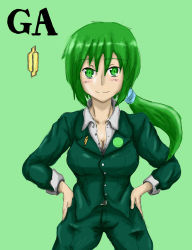 Rule 34 | 1girl, armored core, armored core: for answer, female focus, from software, green hair, may greenfield, simple background, solo, standing