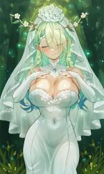 Rule 34 | 1girl, breasts, ceres fauna, cleavage, closed eyes, dress, green hair, hololive, hololive english, jagaimo (kkamja), large breasts, solo, virtual youtuber, wedding dress