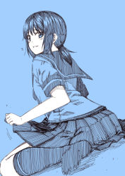 Rule 34 | 10s, 1girl, anchor print, blue background, blue theme, clothes lift, commentary request, from behind, fubuki (kancolle), kantai collection, kneehighs, kouji (campus life), looking back, low ponytail, md5 mismatch, monochrome, on floor, pleated skirt, school uniform, serafuku, short ponytail, sidelocks, simple background, sitting, sketch, skirt, skirt lift, smile, socks, solo, wariza