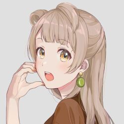 Rule 34 | 1girl, blush, book the star, brown eyes, brown shirt, commentary request, earrings, food, highres, jewelry, light brown hair, long hair, looking at viewer, love live!, love live! school idol project, macaron, macaron earrings, minami kotori, nail polish, open mouth, red nails, shirt, solo, teeth, tongue, upper teeth only