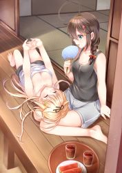 Rule 34 | 2girls, ahoge, arm support, bare shoulders, barefoot, black ribbon, black shorts, black singlet, blonde hair, blue eyes, blush, braid, breasts, brown hair, cleavage, closed eyes, closed mouth, collarbone, cup, feet, food, fruit, grey shorts, hair flaps, hair ornament, hair over shoulder, hair ribbon, hairclip, hand fan, highres, holding, holding fan, kantai collection, knees up, lap pillow, long hair, looking at another, lying, lying on another, mashiro aa, medium breasts, multiple girls, on back, open mouth, outstretched arms, own hands together, red eyes, remodel (kantai collection), ribbon, shigure (kancolle), shorts, single braid, singlet, sitting, skirt, smile, stretching, tatami, tray, wariza, watermelon, white singlet, yuudachi (kancolle)